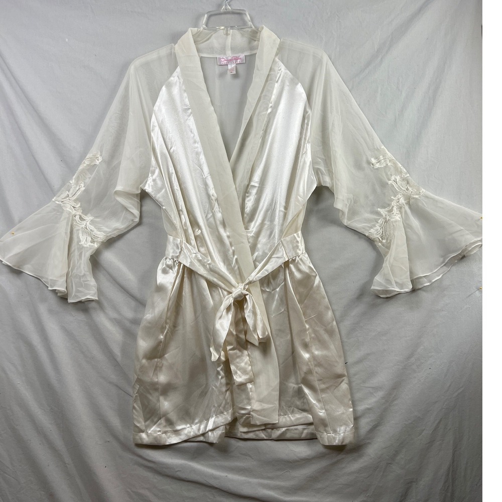 Oscar de la Renta Robe Womens XL Ivory Satin Chiffon Lace Bell Sleeve Pink Label